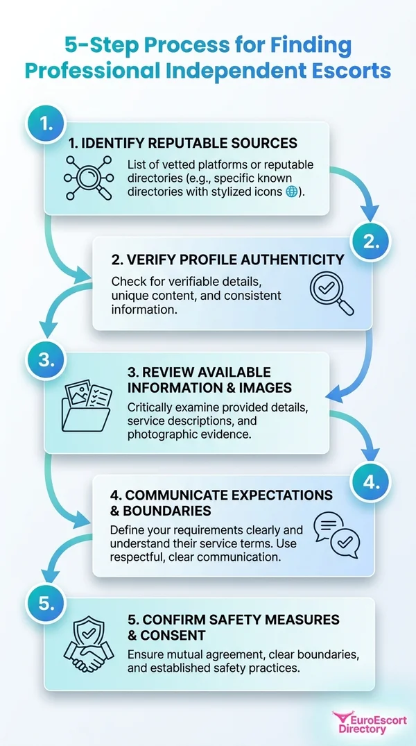 Infographic: 5-step process with Reliable Tips for Finding Professional Independent Escorts.