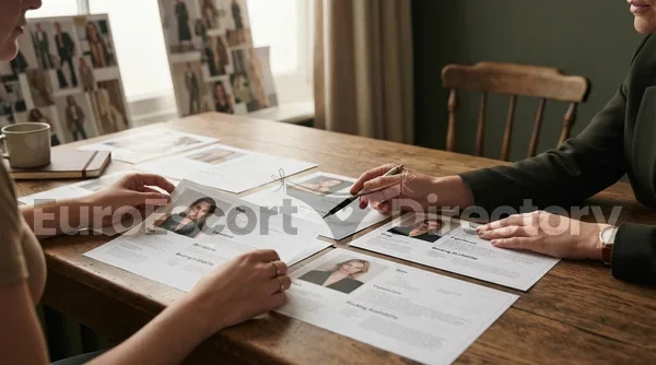 Hands compare printed modelling listings with category headings and booking details across a wooden table in a softly lit